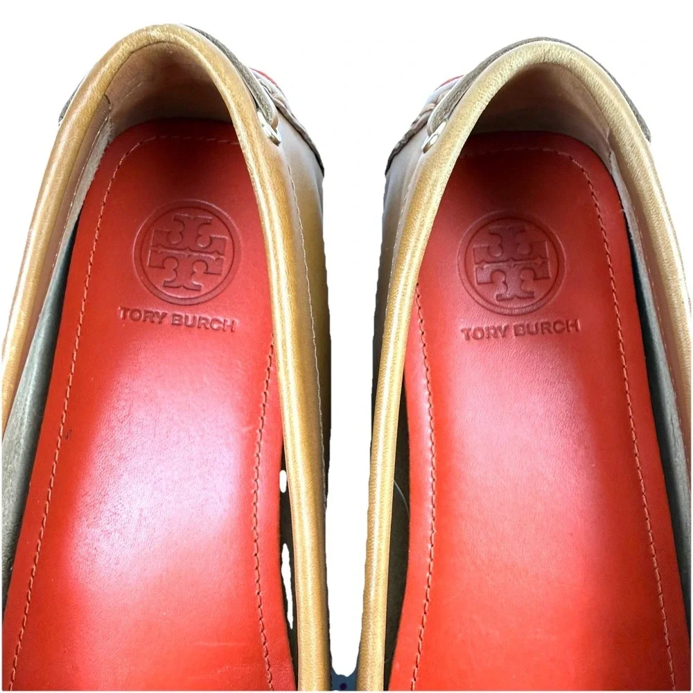 Tory Burch Ashby Shoes 7.5 Brown Soft‎ Leather Driving Moccasin Gold T Womens